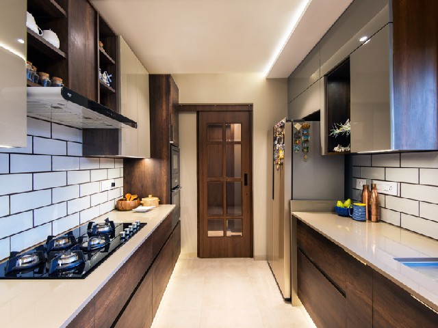 Stylish Modern Wood Kitchen With White Countertops And White Bri