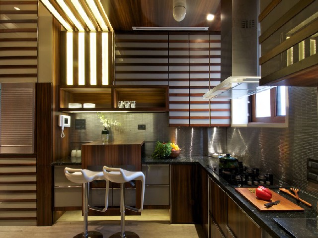 Modern Stylish Wood Kitchen With Clashing Patterned Cabinetry An